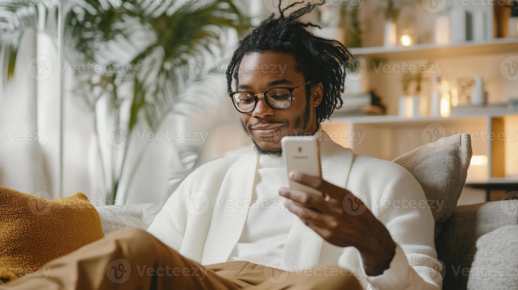 A young man is comfortably seated on a stylish couch, enjoying a virtual consultation for skincare. He uses his smartphone to interact, surrounded by a warm and inviting atmosphere. photo
