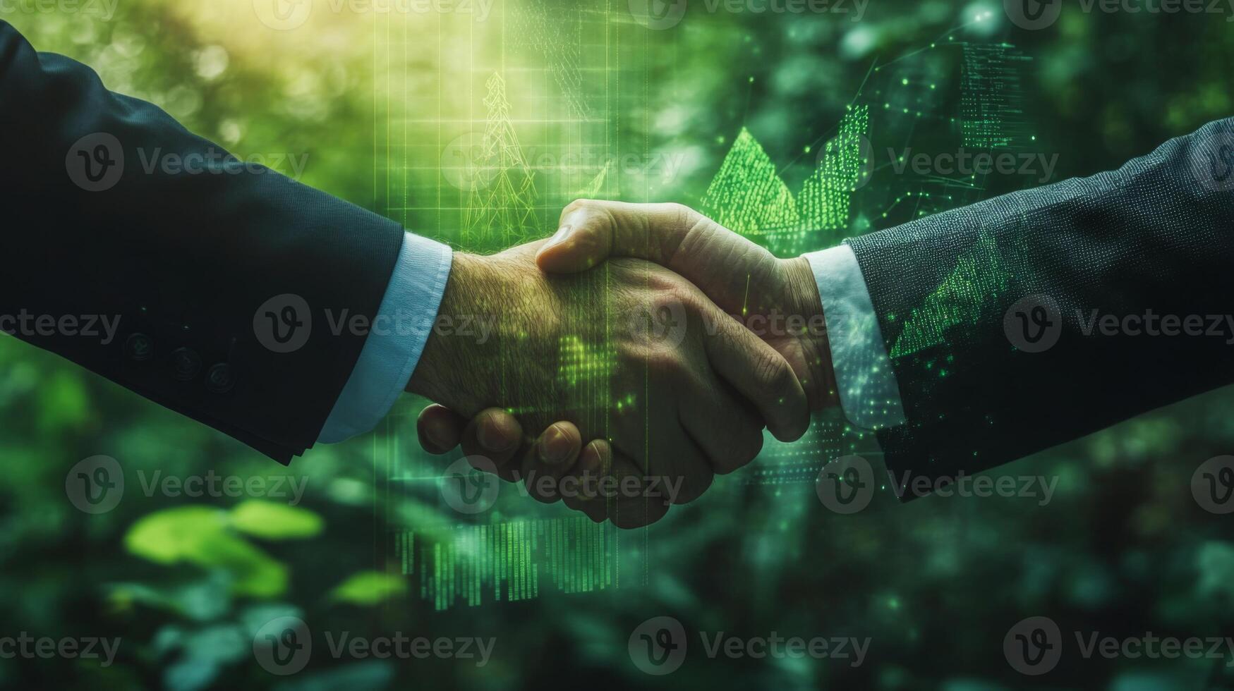 Two professionals are shaking hands in a green environment, symbolizing a partnership focused on sustainable finance. Digital overlays represent growth and innovation in investment strategies. photo