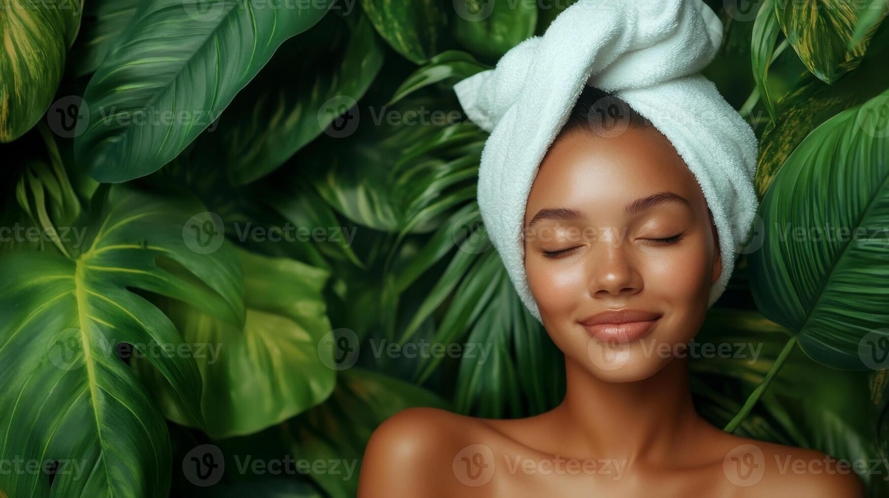 A woman relaxes in a tranquil home spa surrounded by vibrant green leaves. With a towel wrapped around her hair and a serene expression, she enjoys a moment of beauty and self-care. photo