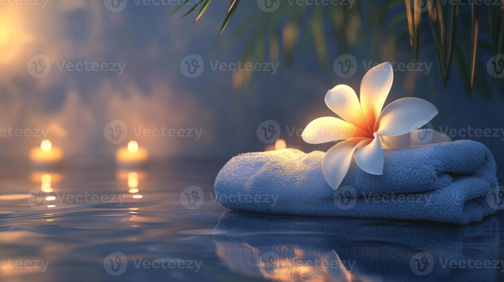 Soft candles illuminate a tranquil space as a fresh flower rests on a folded towel. The setting promotes relaxation and eco-friendly beauty practices while emphasizing natural elements. photo