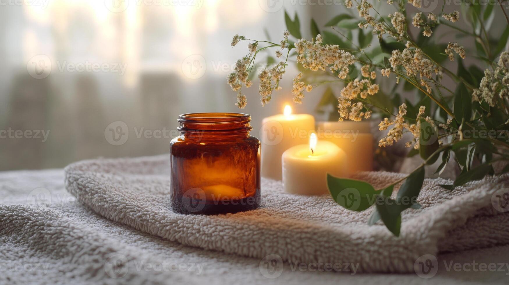 A serene setting showcases an amber jar and eco-friendly candles arranged on soft linens. photo