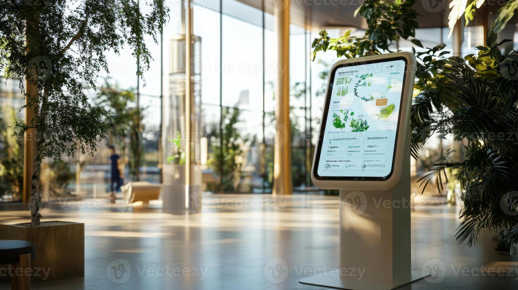 A sleek digital display highlights sustainable finance initiatives in a bright, open area filled with greenery. Sunlight filters through large windows, creating a welcoming atmosphere for visitors. photo