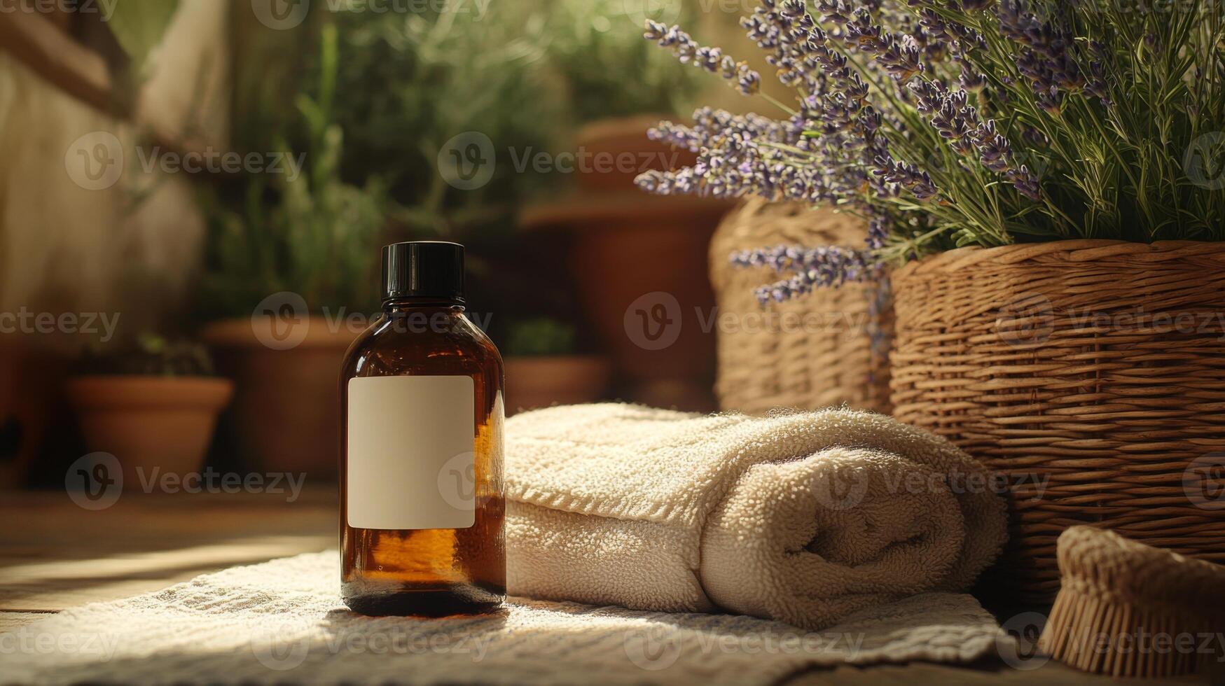 A serene space showcases eco-friendly beauty items, including a glass bottle filled with natural oil. Fresh lavender and neatly folded towels create a tranquil atmosphere inviting relaxation. photo