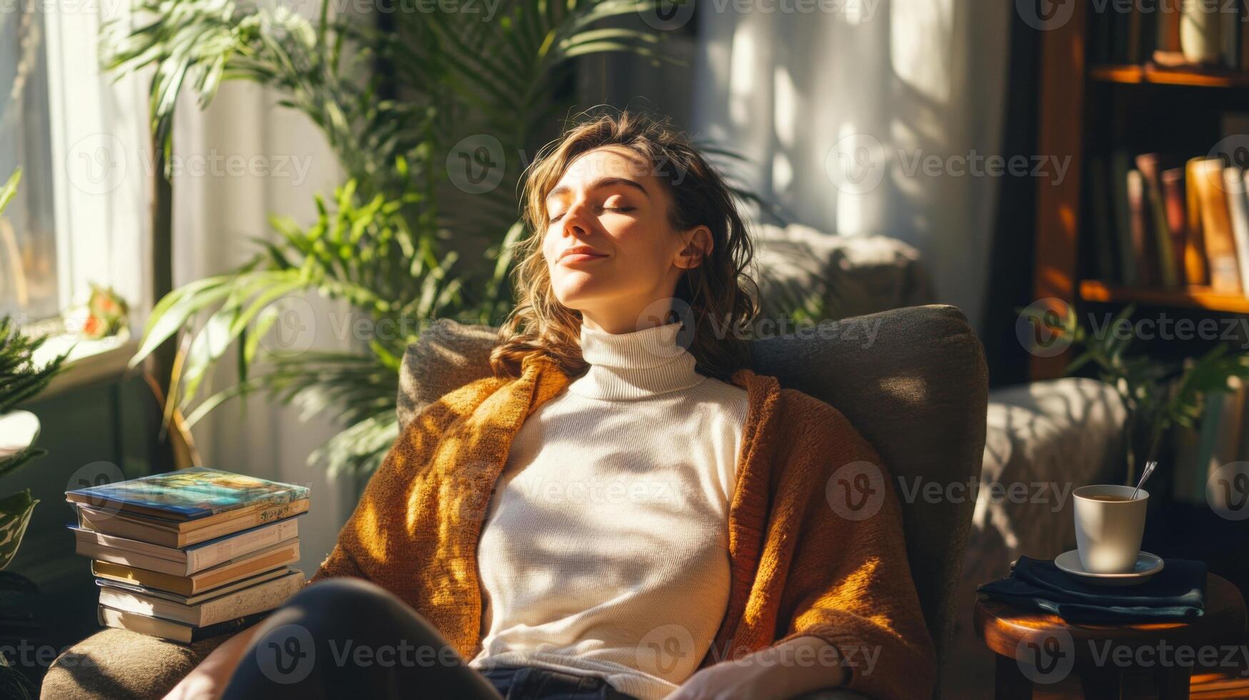 A person enjoys a tranquil moment in a sunlit room while engaging in a remote skincare consultation. Surrounded by plants and books, this cozy setting enhances the experience. photo