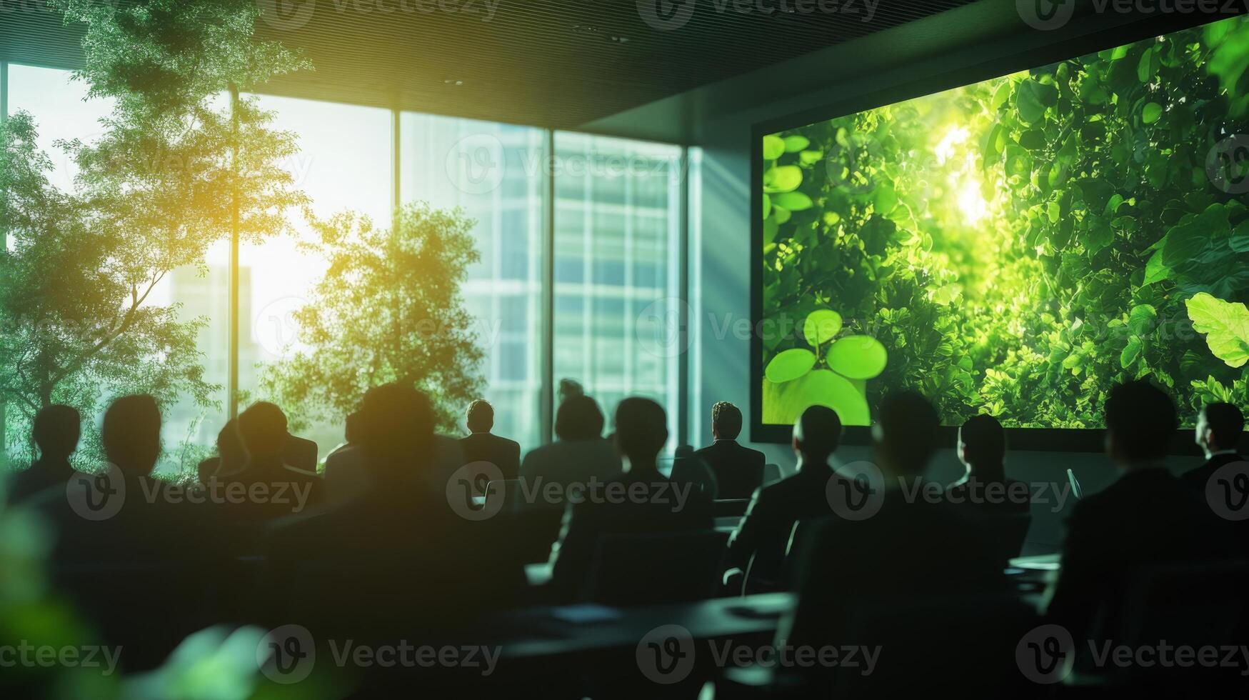 Professionals gather in a modern conference room with large windows, focusing on a presentation about AI applications in sustainable finance. The green visuals on screen reflect environmental themes. photo