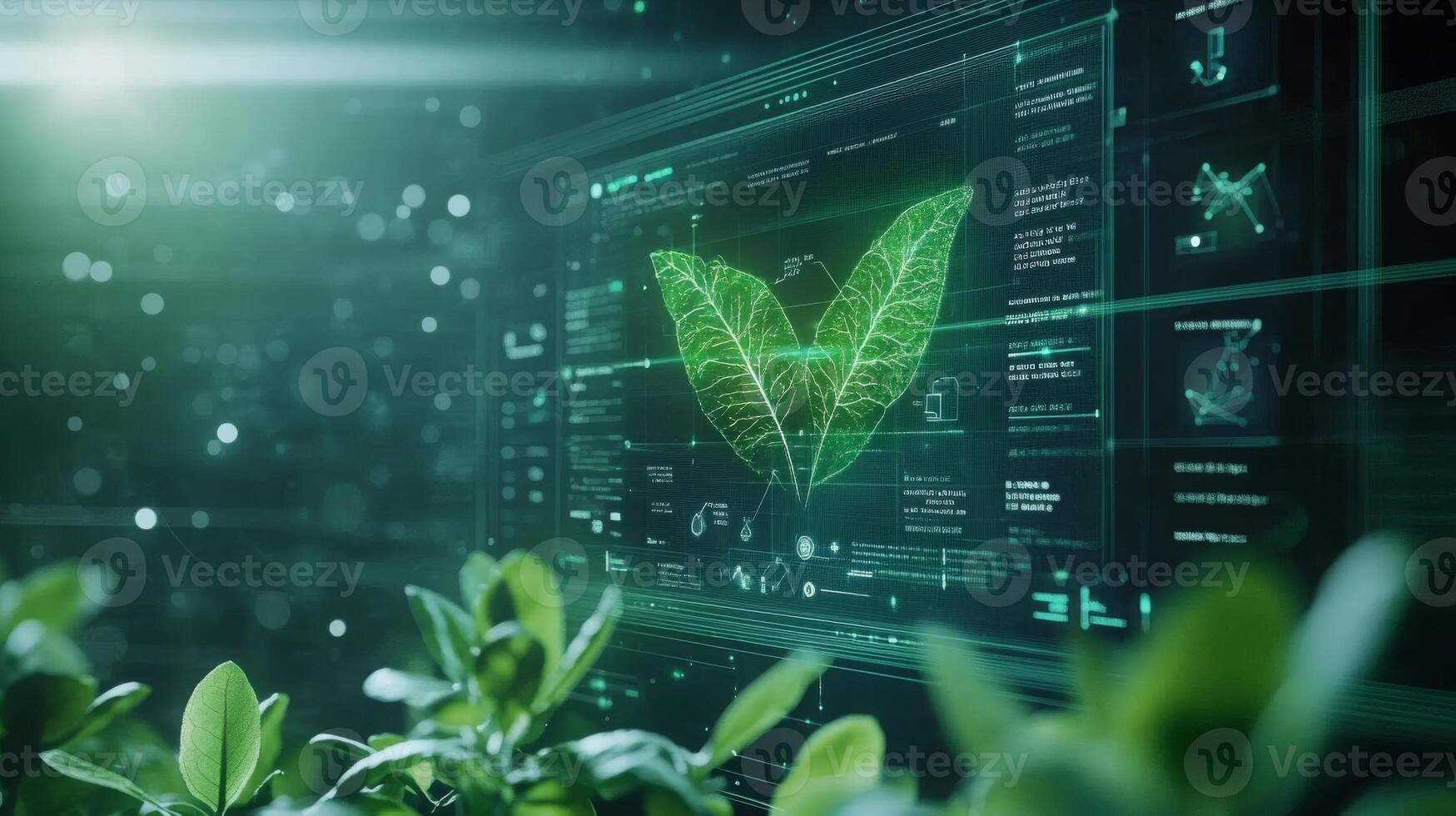 Digital projections of leaves and data showcase the blend of AI and sustainable finance, highlighting innovative strategies for environmental assessments and investment solutions. photo