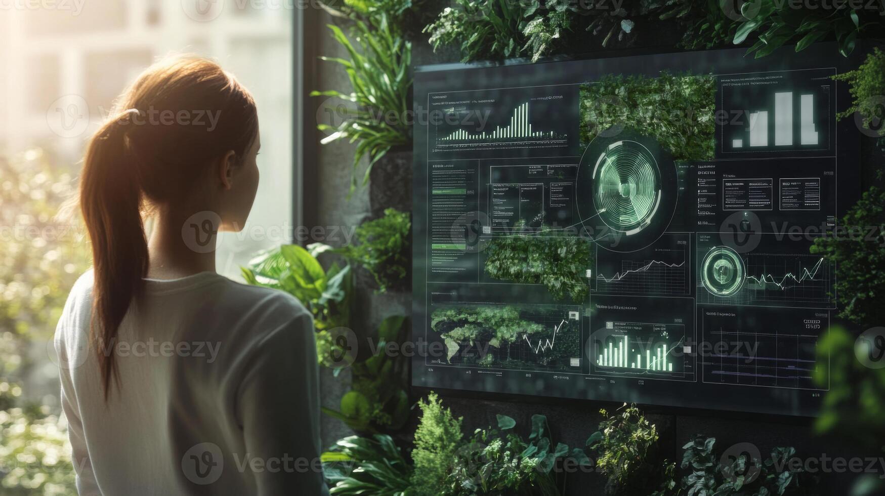 A person examines digital charts and environmental data projected on a screen amidst lush greenery. photo