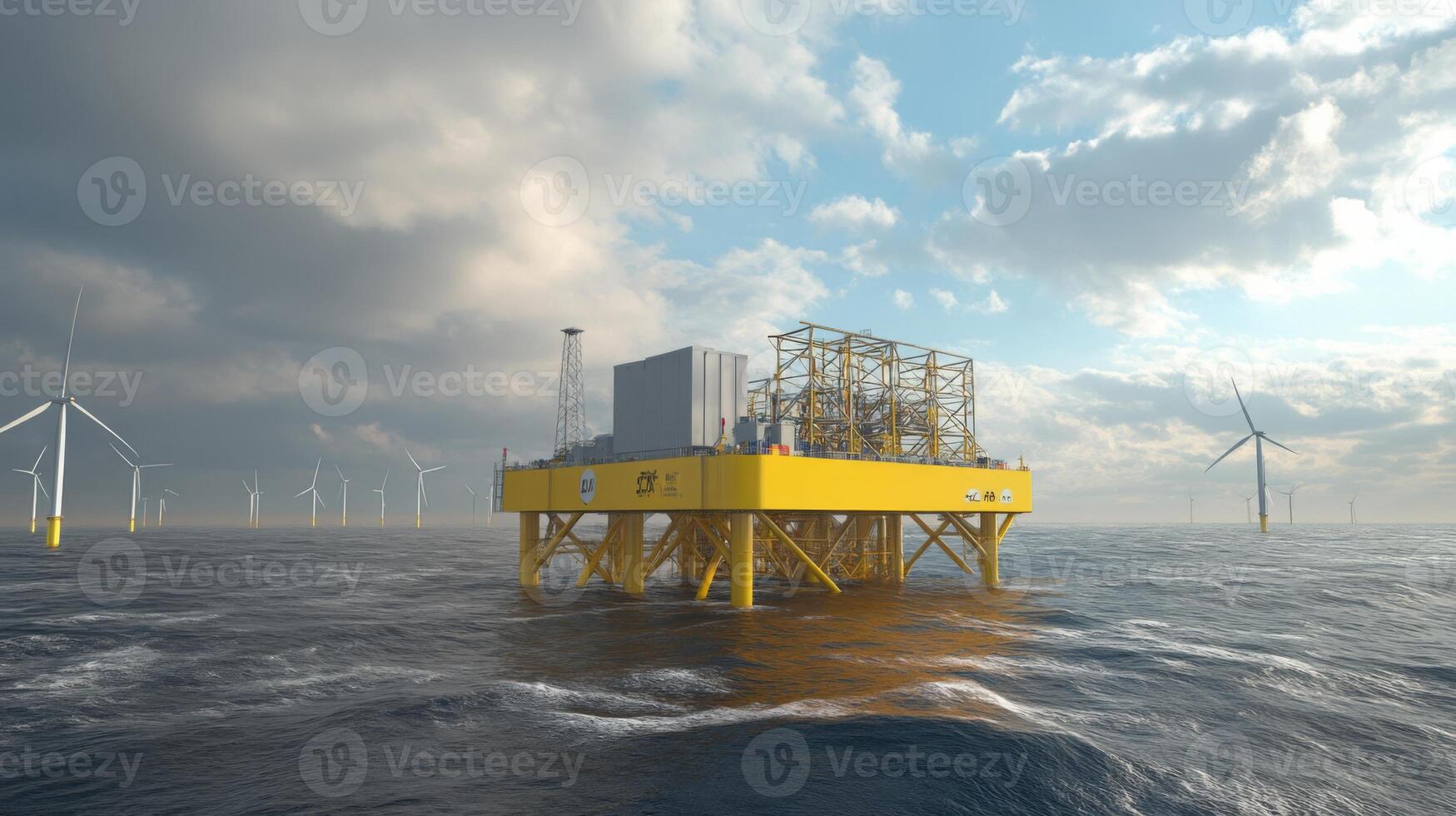 A bright yellow offshore platform stands prominently in the water, surrounded by wind turbines under a varied cloudy sky. This setup is designed to promote sustainable finance initiatives. photo