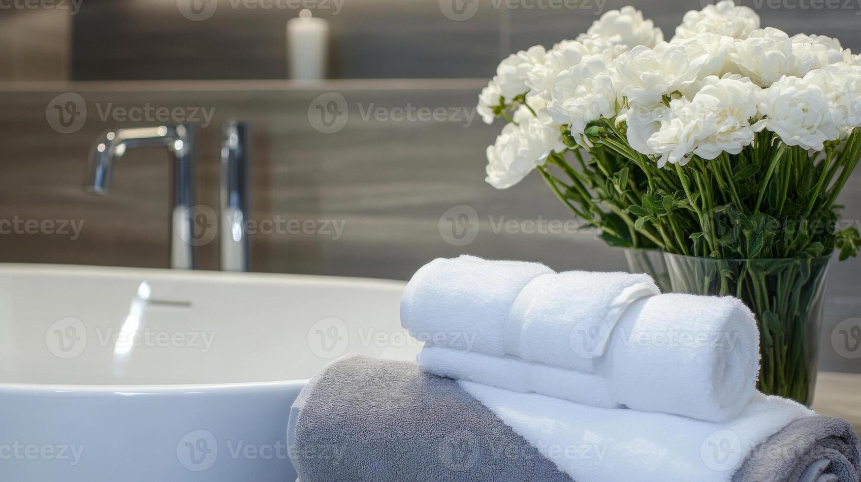 Soft, plush towels are neatly arranged next to a modern bathtub, accompanied by a bouquet of white flowers. This serene bathroom exudes a commitment to eco-friendly beauty and zero-waste practices. photo