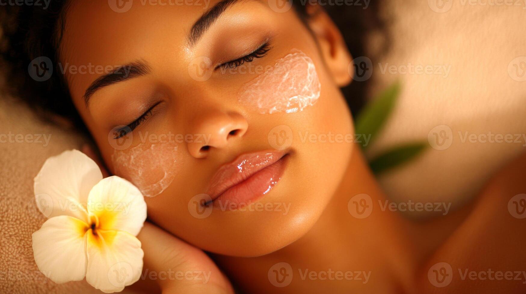 A woman enjoys a serene home spa treatment, with a gentle face mask applied and a lovely flower by her side. The ambiance is tranquil, promoting relaxation and beauty enhancement. photo