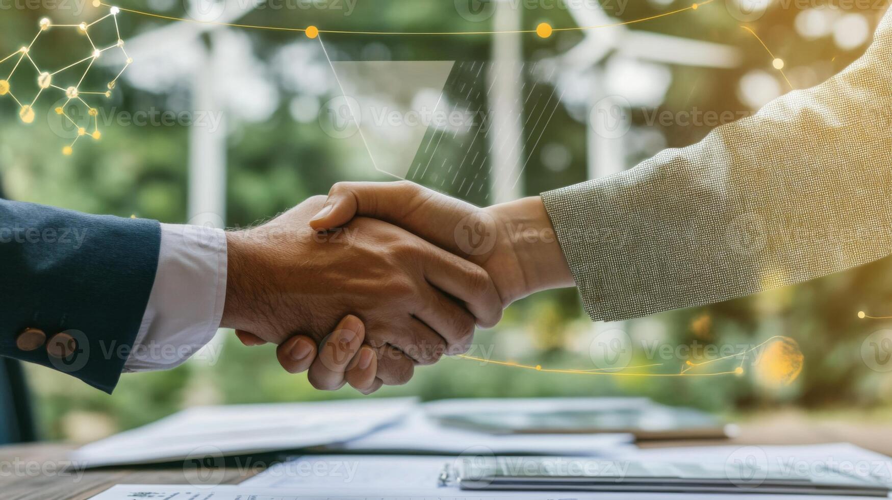 Two professionals are shaking hands in a green, natural setting, symbolizing a partnership in sustainable finance initiatives. photo