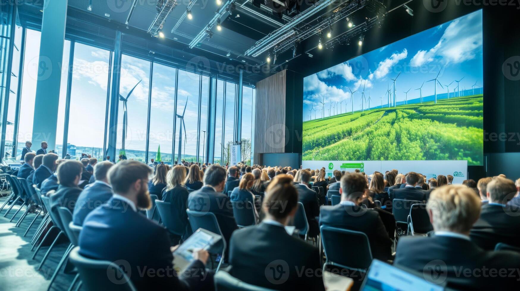Attendees gather in a modern conference hall to discuss AI applications in sustainable finance. The backdrop features wind turbines against a bright sky, symbolizing renewable energy. photo