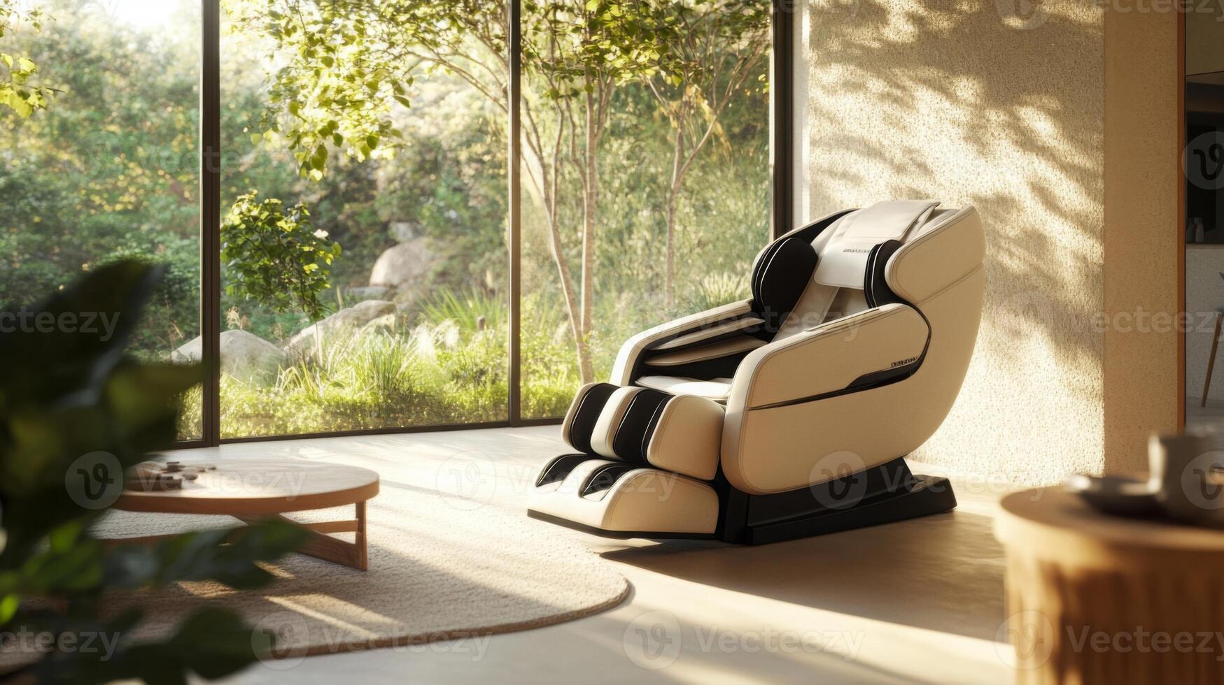 A spacious room features a modern massage chair positioned next to large windows overlooking a lush garden. photo