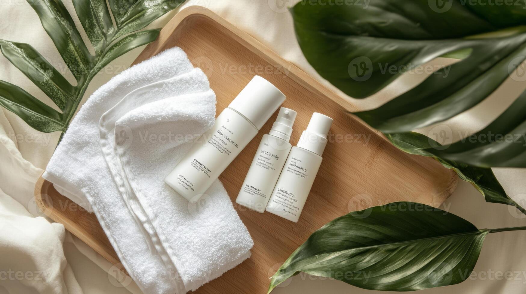 A collection of eco-friendly skincare products is elegantly displayed on a wooden tray surrounded by lush green leaves. The setting highlights a commitment to zero-waste beauty routines. photo