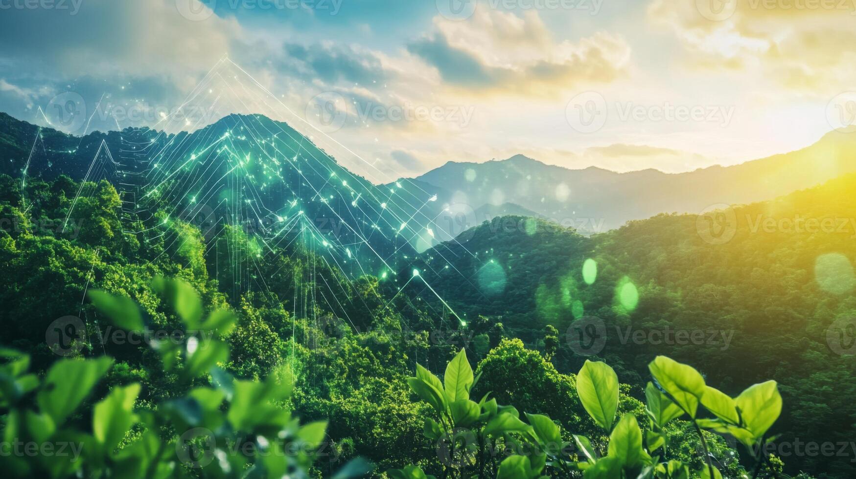 A serene view of green mountains at sunrise is enhanced by digital elements symbolizing artificial intelligence and sustainable finance. photo