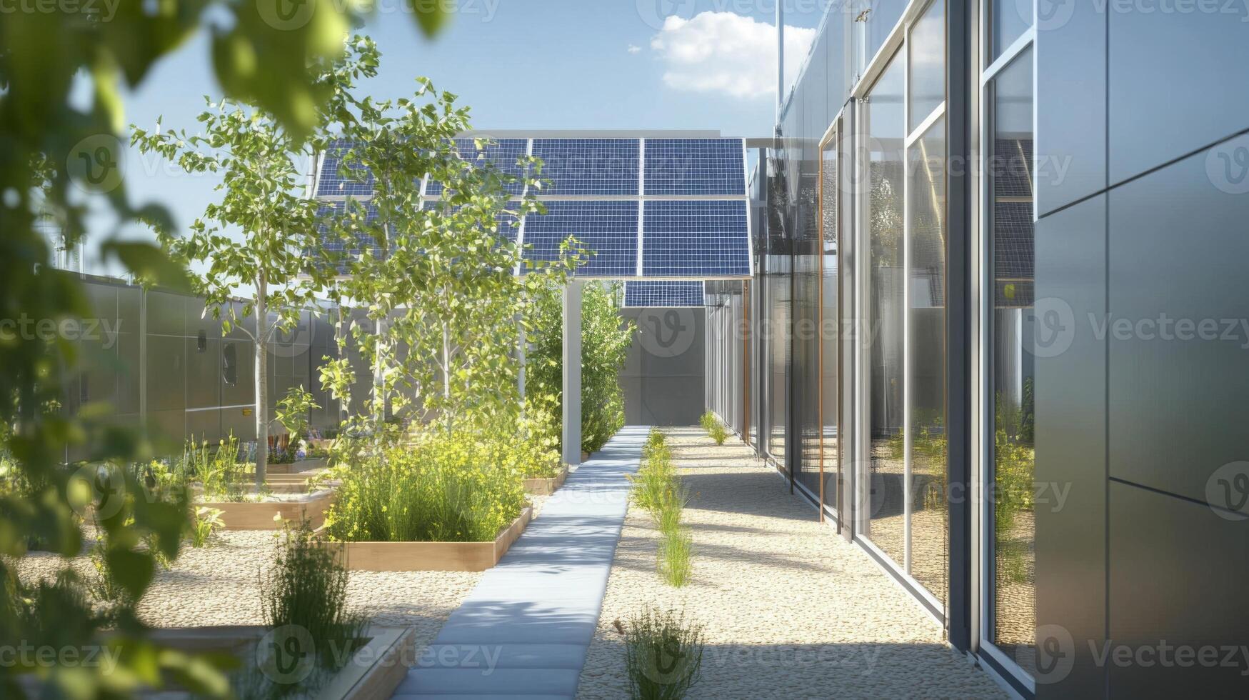 This initiative showcases a vibrant outdoor space featuring solar panels and lush greenery. Sunlight streams over pathways, highlighting efforts in sustainable finance. photo