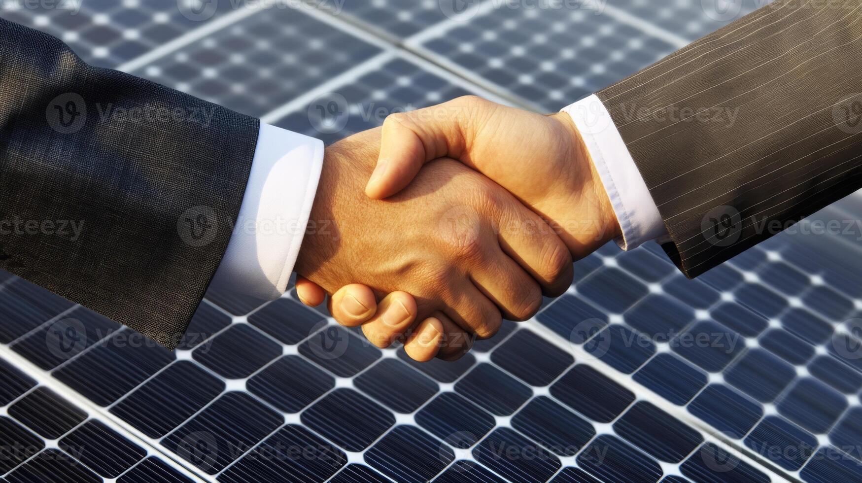 Two professionals shake hands on a solar panel installation site, symbolizing a commitment to sustainable finance and the promotion of renewable energy solutions for future development. photo