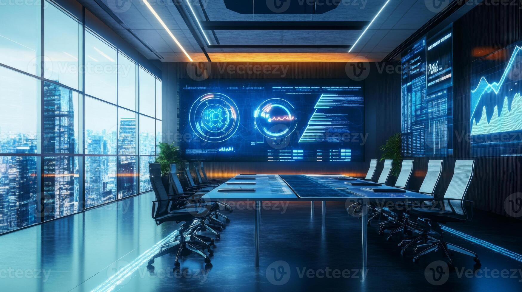 A sleek conference room with a large table and ergonomic chairs features advanced technology displays on walls. photo