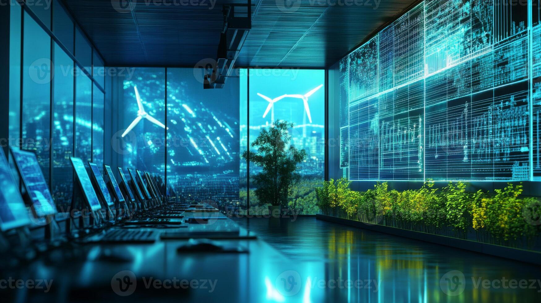 In a high-tech office with large windows, a team is engaged in analyzing data related to sustainable finance. photo