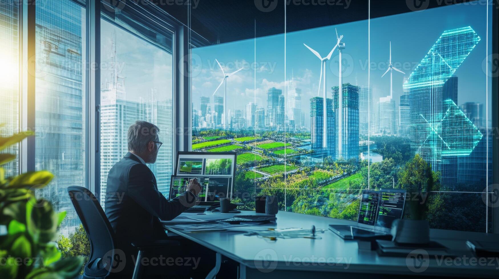 A professional analyzes data on a digital screen in a high-tech office infused with sustainable finance concepts. The background features urban greenery, wind turbines, and futuristic buildings. photo