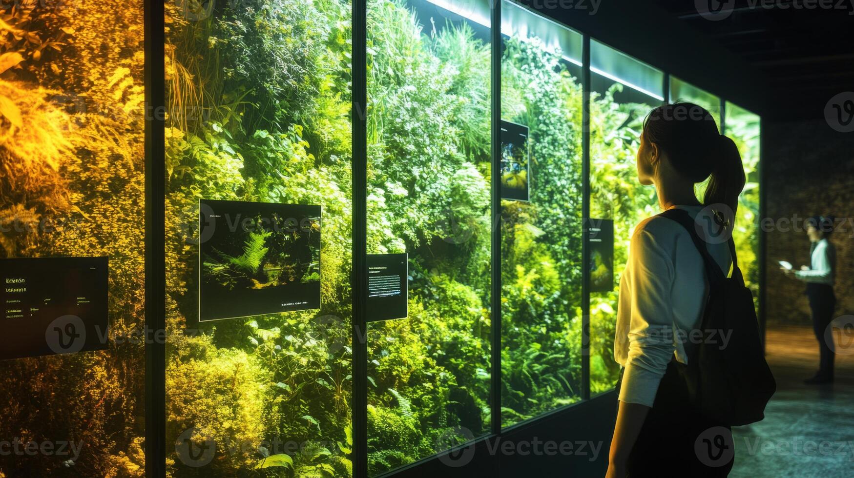 Visitors engage with interactive AI displays featuring sustainable finance concepts in a vibrant exhibition. The setting highlights the intersection of technology and environmental awareness. photo