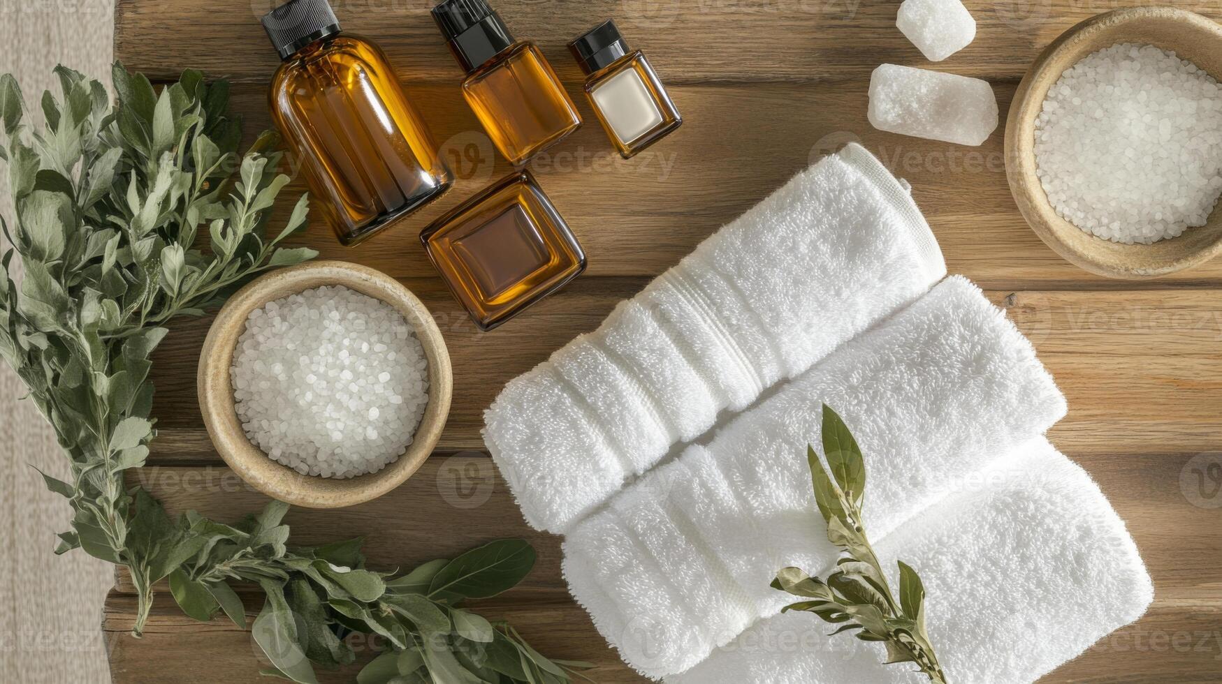A collection of eco-friendly beauty products is arranged on a wooden surface, featuring amber bottles, salt, and fresh herbs. Soft towels add a touch of comfort to the serene setup. photo