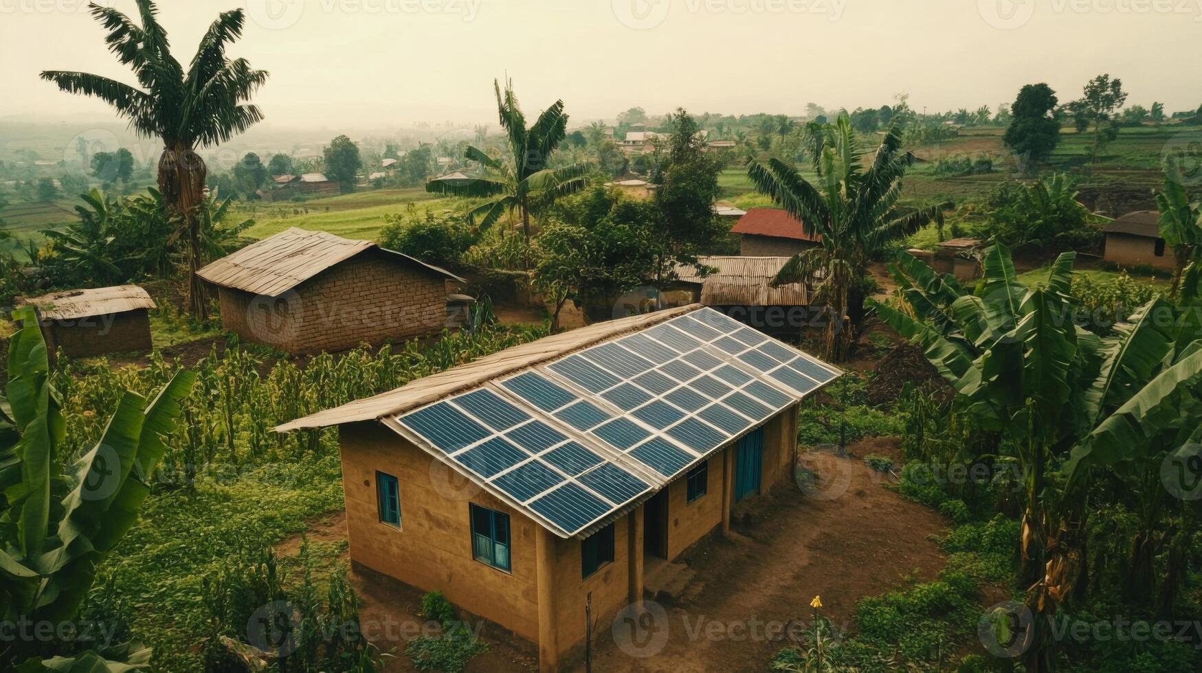 In a rural area, a house with solar panels on its roof stands amidst banana trees. photo