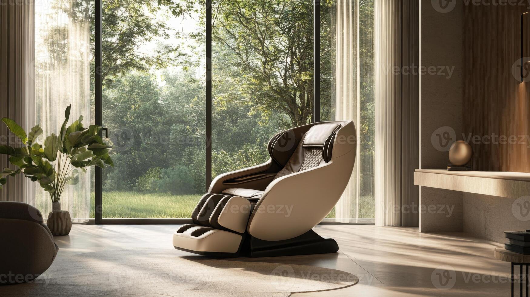 This unique chair positioned by a large window creates a tranquil atmosphere, combining multisensory experience with aromatherapy while surrounded by lush greenery and natural light. photo