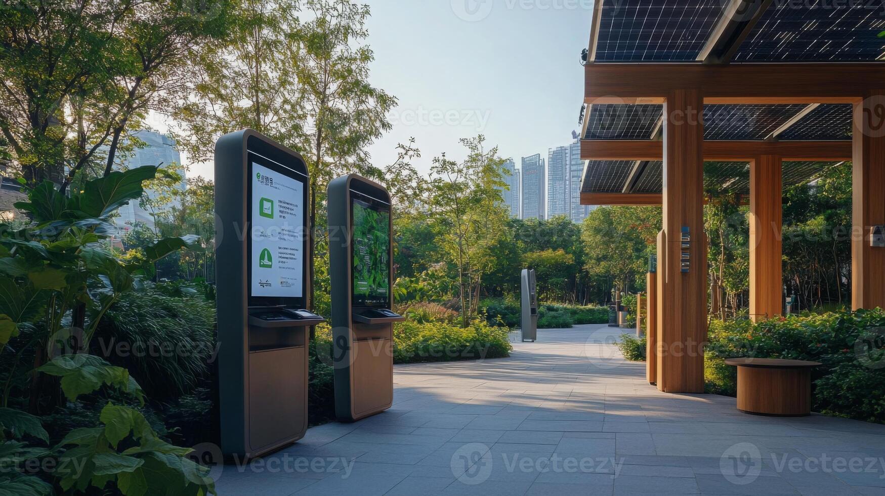 Two interactive kiosks providing details on sustainable finance stand in a lush urban park. Surrounded by greenery, solar panels on a nearby structure signal a commitment to eco-friendly initiatives. photo