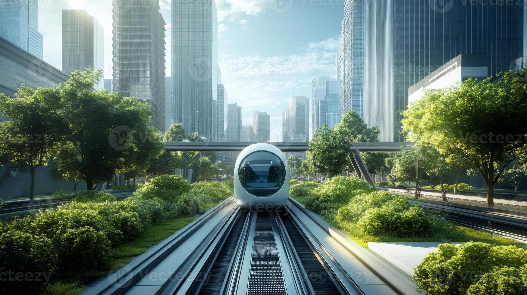A futuristic transportation system runs through a vibrant urban landscape, showcasing the impact of ai on sustainable finance. photo