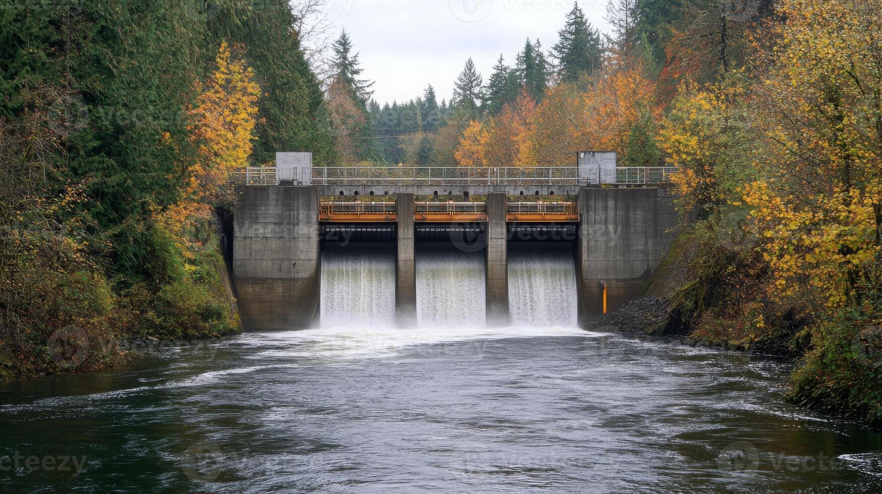 A hydroelectric dam harnesses energy from flowing water, surrounded by lush trees displaying autumn colors. photo