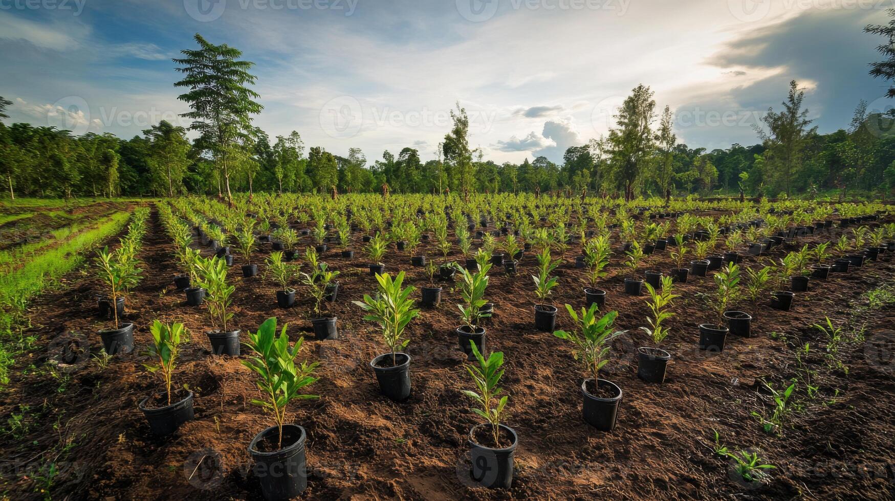 A vibrant plantation site showcases rows of young saplings in pots, emphasizing efforts in sustainable finance. photo