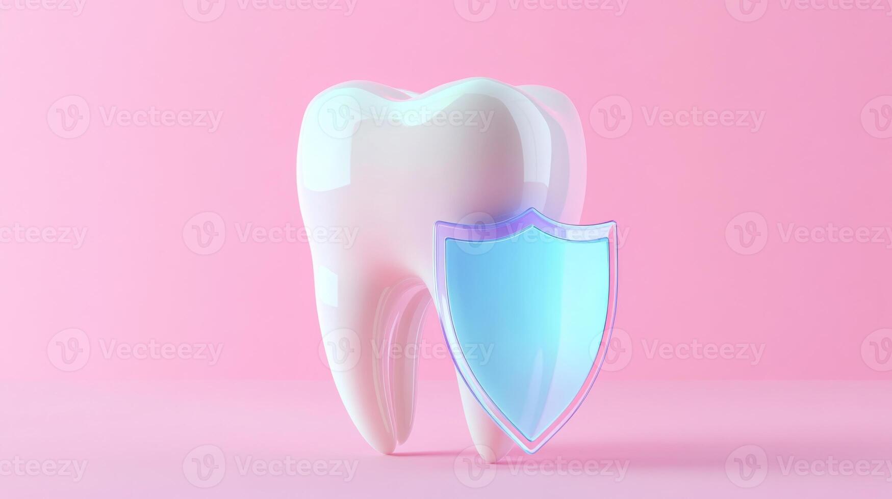 A symbolic representation of dental protection features a large, shiny tooth next to a translucent shield. This composition emphasizes the importance of safeguarding oral health in a vibrant setting. photo