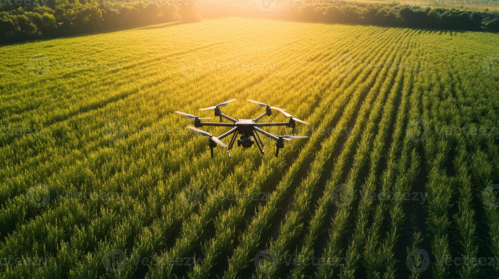 A drone flies over a lush green field at sunset, demonstrating advanced agricultural practices. This technology supports sustainable finance initiatives by enhancing crop management and monitoring. photo