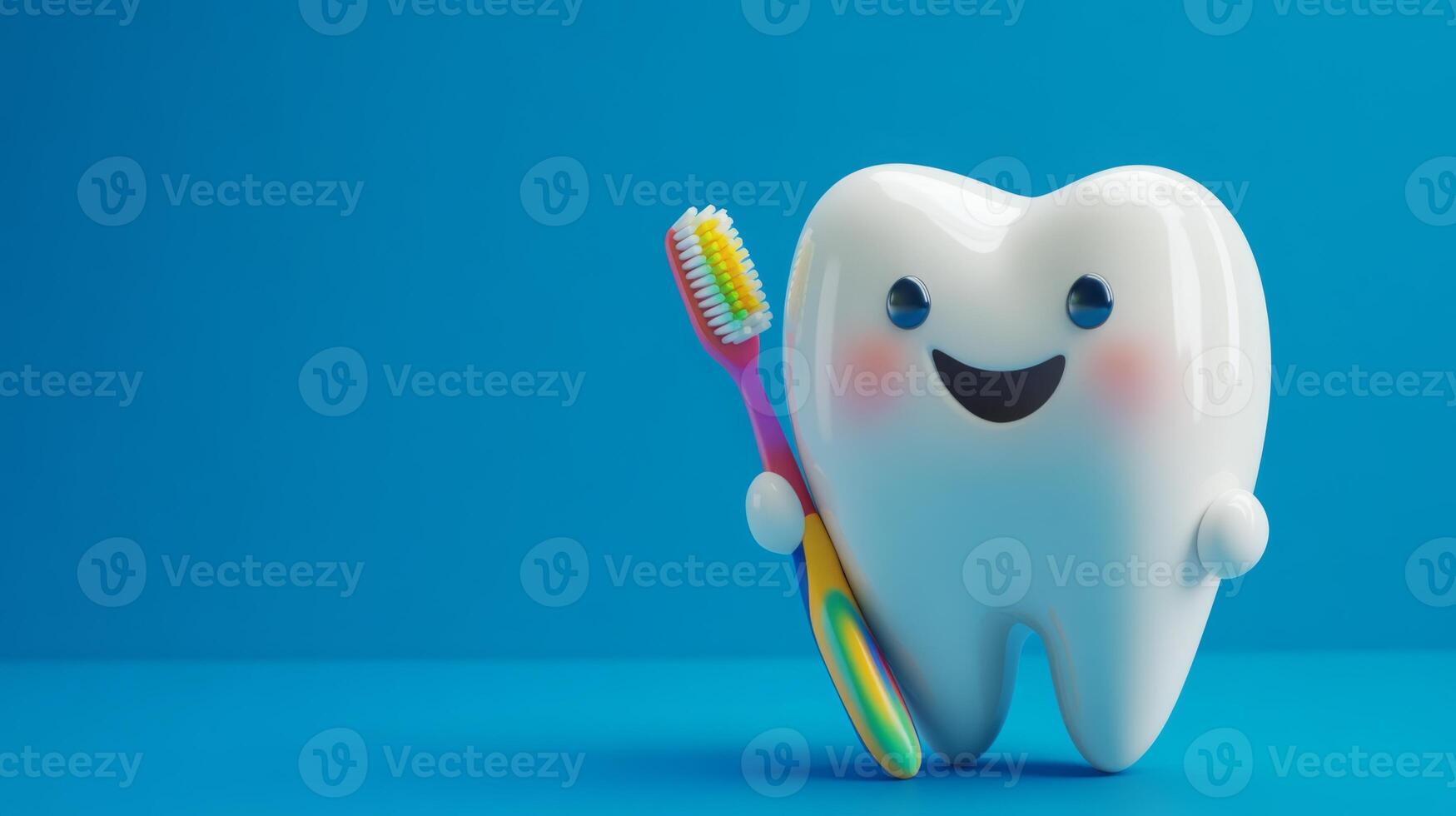 A friendly tooth character holds a colorful toothbrush against a vibrant blue background. This cheerful representation emphasizes the importance of dental care and protection for healthy smiles. photo