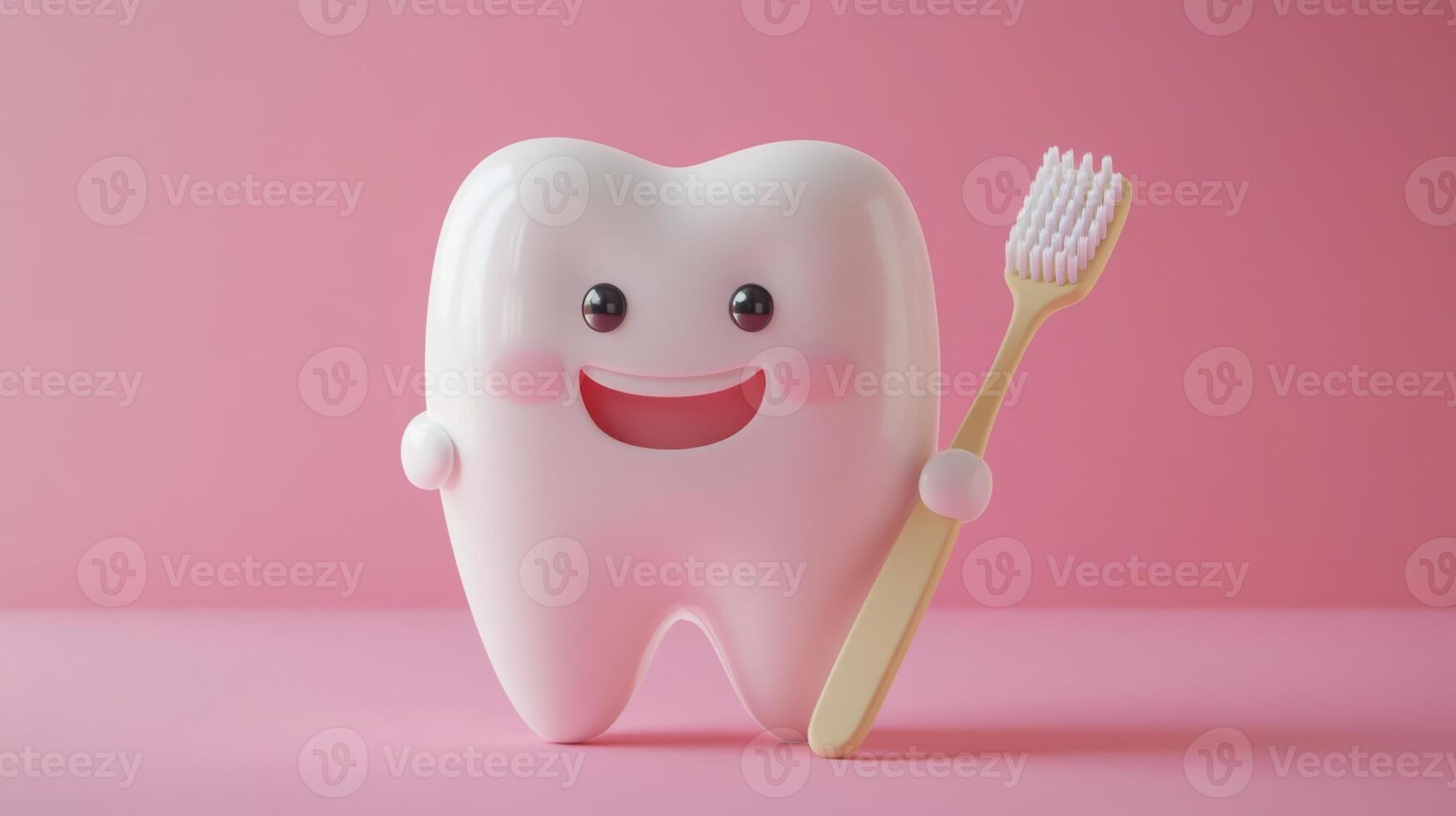 A cheerful cartoonish tooth character stands against a pink background, holding a toothbrush. photo