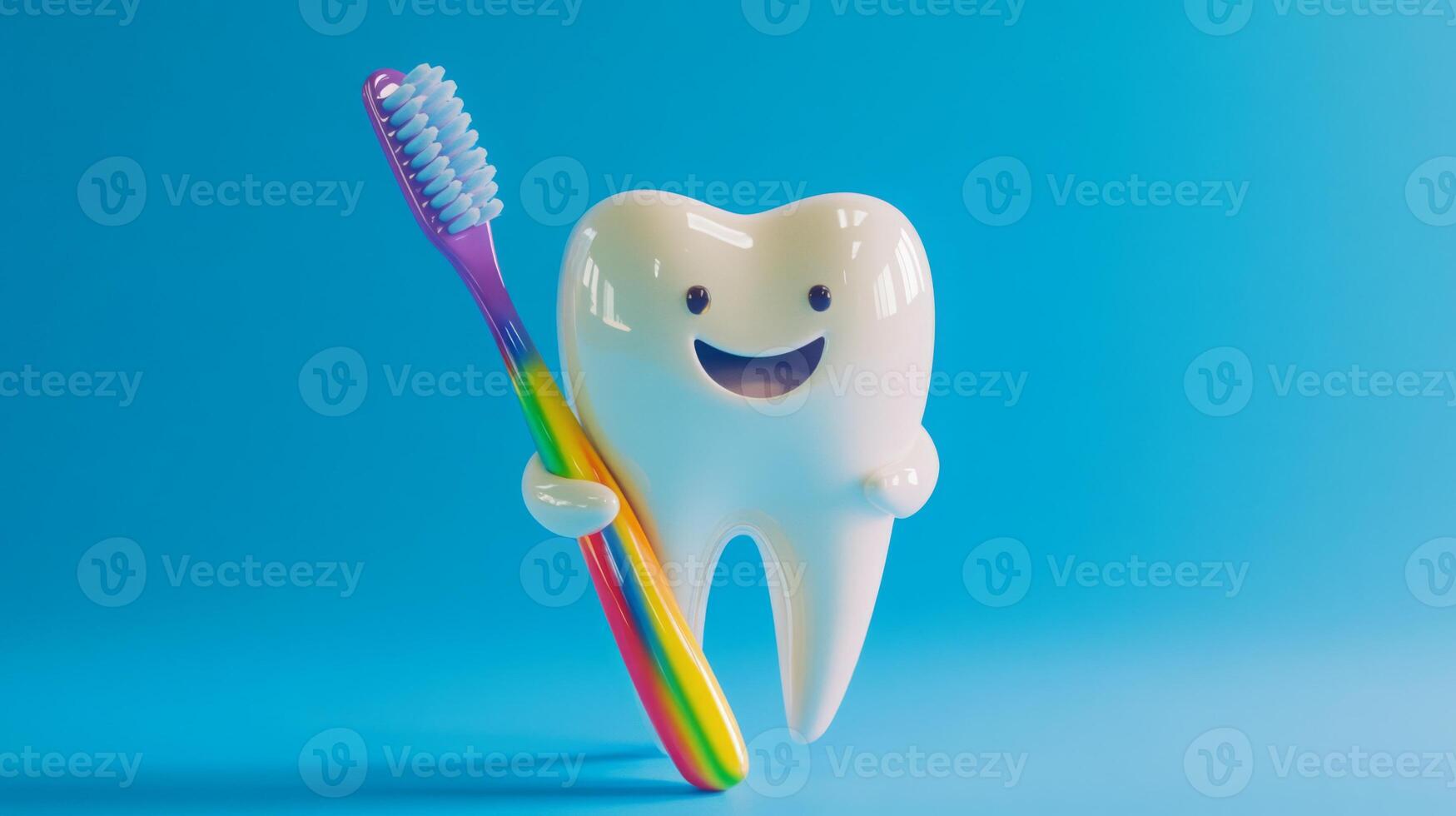 A friendly tooth character with a smiling face holds a vibrant toothbrush against a bright blue background. This playful depiction emphasizes the importance of dental hygiene and protection. photo