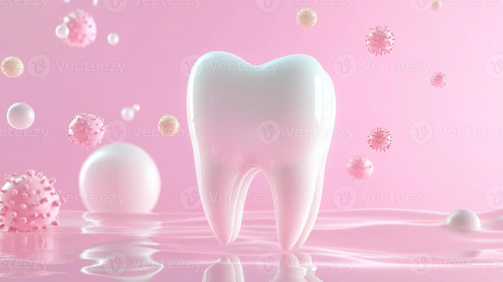 An illustration showcases a large, glossy white tooth surrounded by various microscopic germs and viruses. The background is a soft pink, emphasizing the focus on dental protection and health. photo