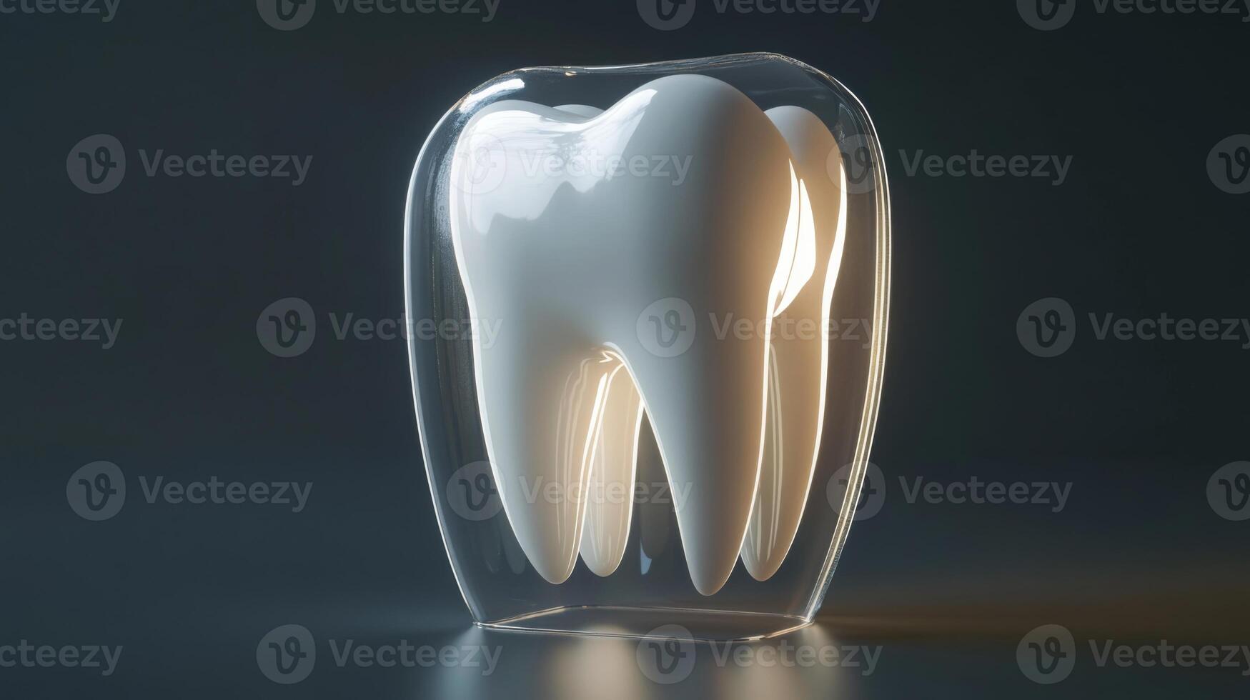 A highly detailed 3D representation of a tooth is encased in a transparent shield, symbolizing the fusion of artificial intelligence and protective measures in dentistry. photo