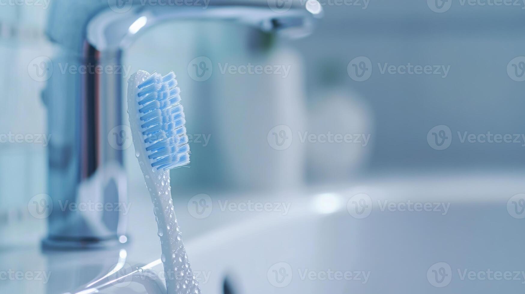 A toothbrush rests near a running faucet in a well-lit bathroom, highlighting the importance of oral hygiene. The focus is on the intersection of everyday life and dental care practices. photo