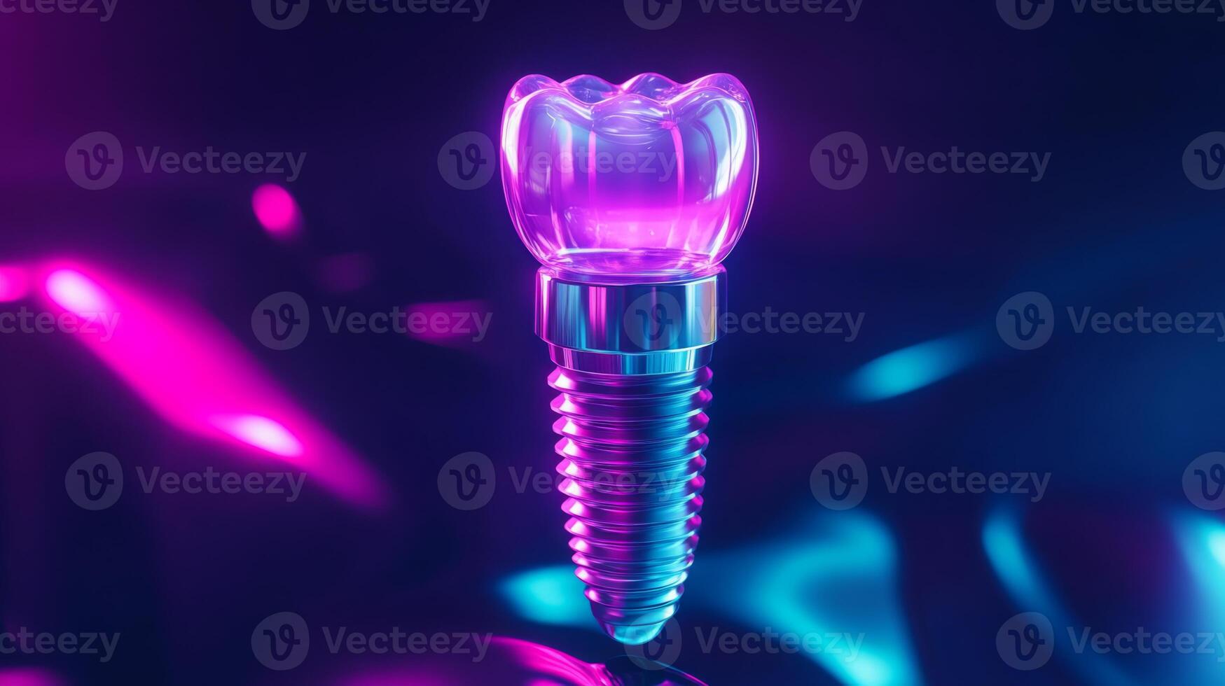 This scene highlights a futuristic dental implant, emphasizing its sleek design and digital enhancements. The vibrant colors and lighting reflect advancements in dental technology and aesthetics. photo