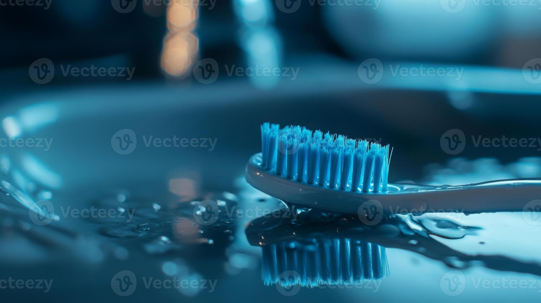 A blue toothbrush rests on a reflective surface with droplets of water, highlighting advanced dental hygiene techniques. This setting emphasizes the role of artificial intelligence in dentistry. photo