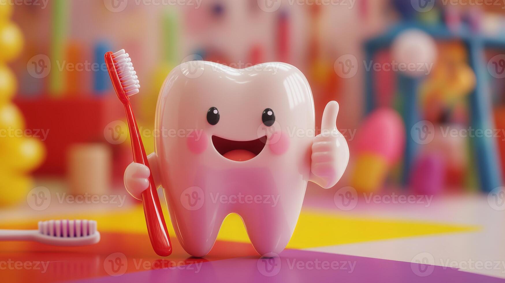 A cheerful tooth character stands with a red toothbrush, giving a thumbs up in a colorful, playful setting. The scene promotes dental hygiene, emphasizing the importance of oral care for all ages. photo