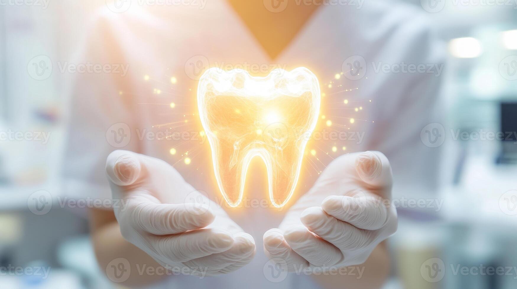 A dental professional showcases a glowing tooth symbol, representing advancements in oral health care. This moment highlights the integration of technology in dentistry for patient protection. photo
