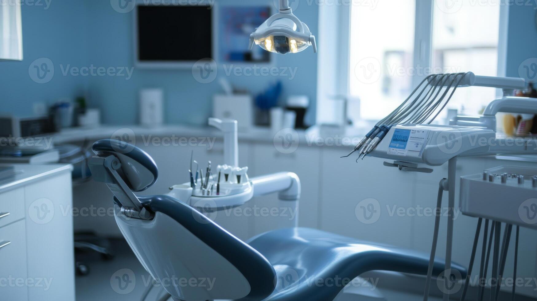 A modern dental office features a comfortable treatment chair surrounded by advanced instruments and equipment. photo