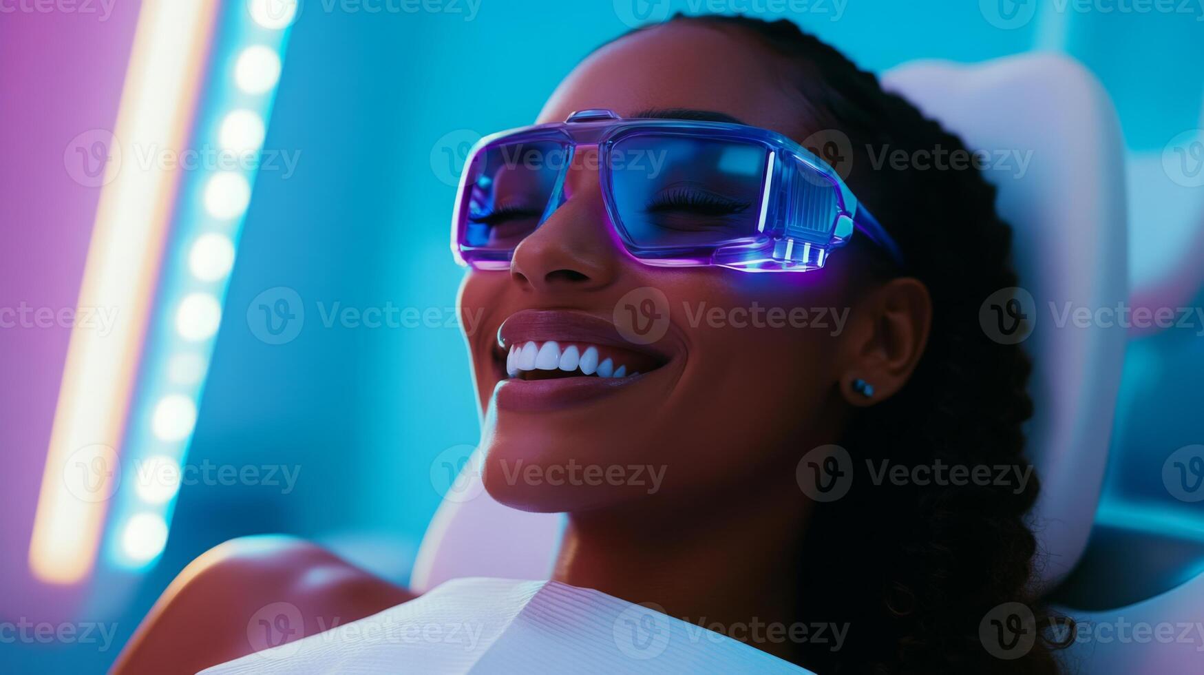 A patient relaxes in a bright dental clinic while undergoing a procedure enhanced by artificial intelligence. The atmosphere is modern and welcoming, showcasing advanced dental technology. photo