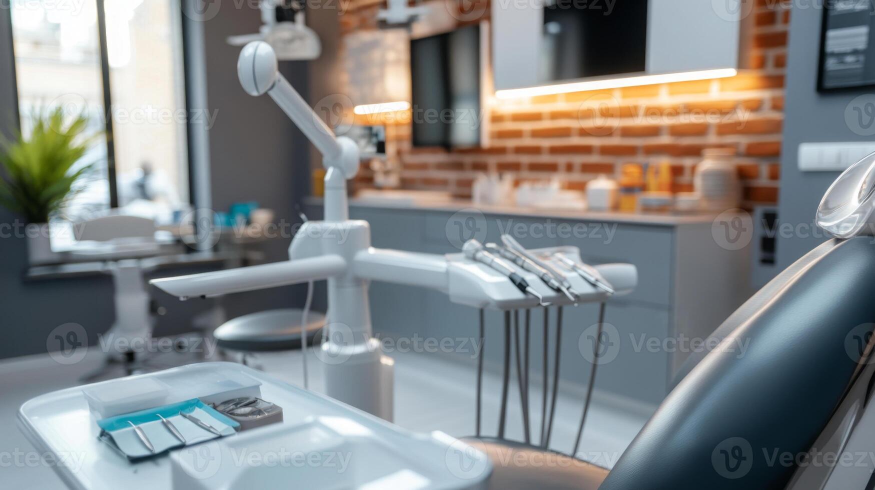 The interior of a contemporary dental clinic features a well-equipped treatment chair, advanced dental tools, and a bright, inviting design. The setting promotes comfort and professionalism. photo