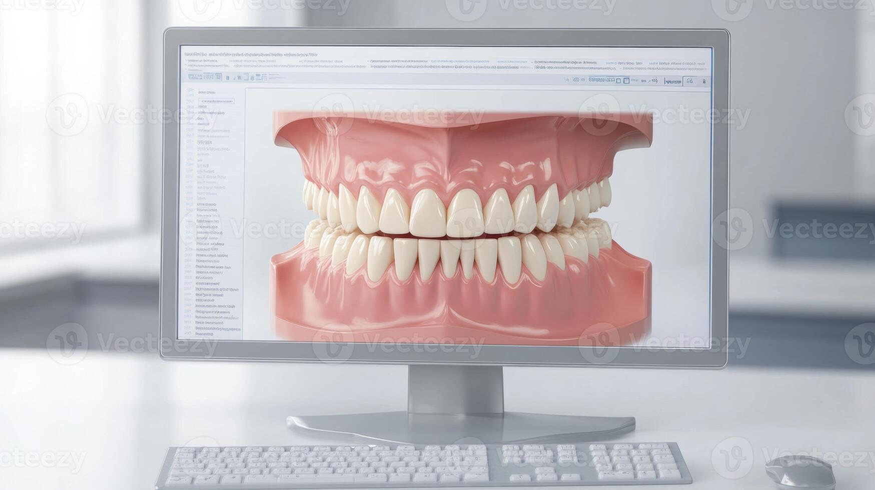 A computer screen displays a 3D rendering of a dental anatomy model, highlighting teeth and jaw alignment. This digital tool is essential for modern dentistry practices and patient consultations. photo