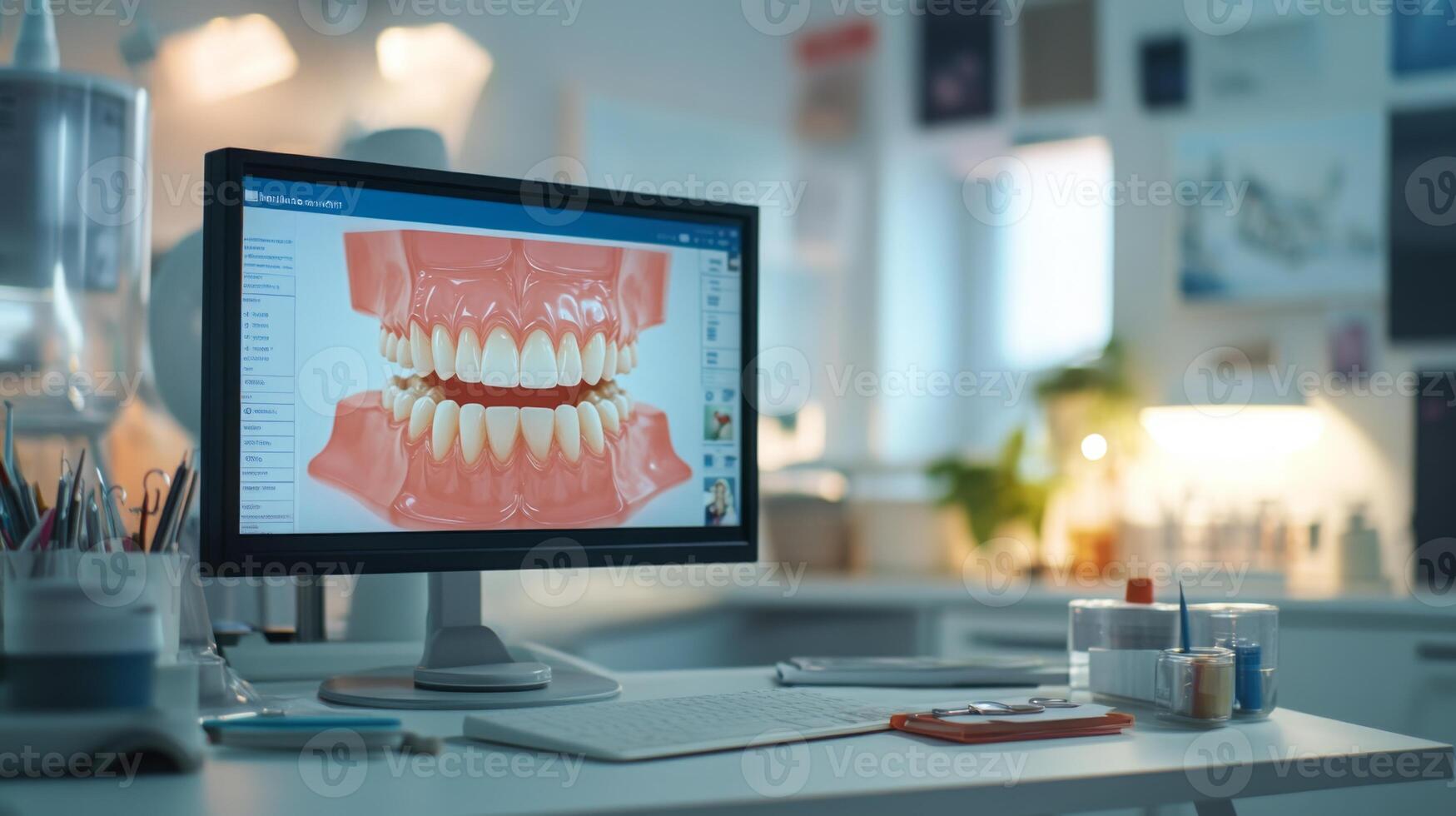 In a contemporary dental clinic, a computer screen displays a detailed 3D model of teeth and gums. The setup showcases advanced ai tools aiding dentists in patient assessments and treatment planning. photo