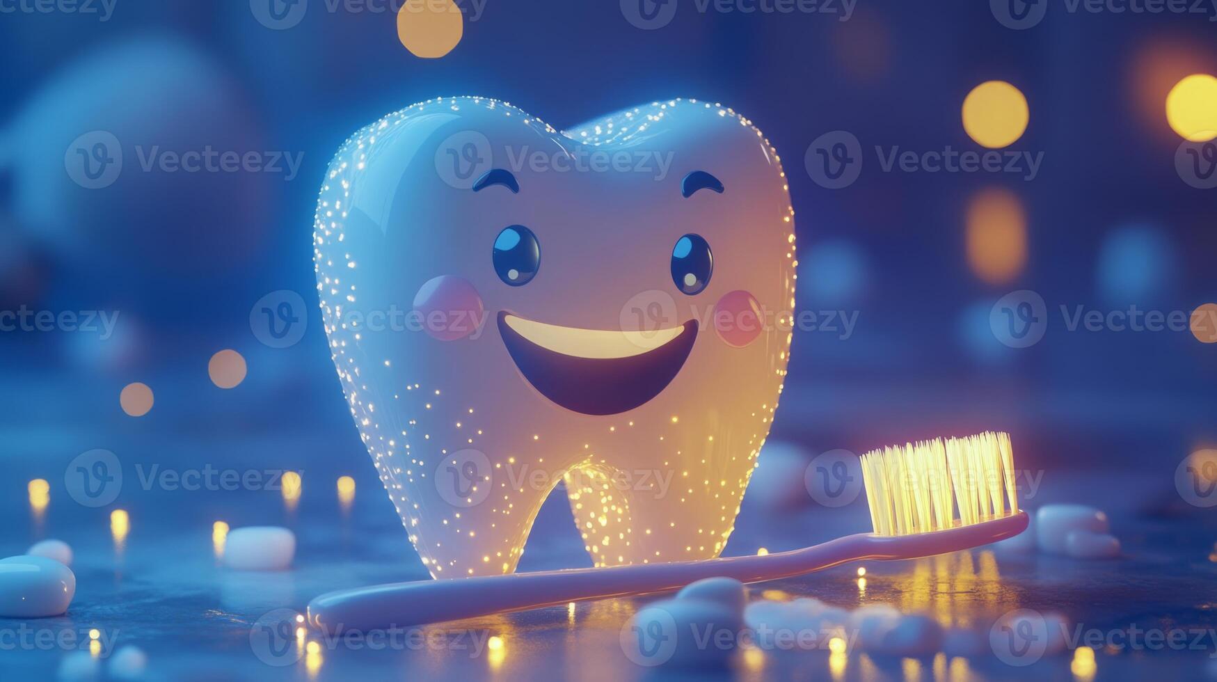 A friendly tooth character, glowing and smiling, encourages dental care. It is positioned beside a bright toothbrush, creating a playful atmosphere in a colorful setting suggesting good oral health. photo